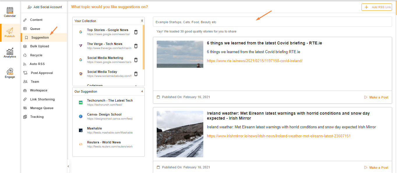 Inhaltsvorschlagsfunktion von Social Champ
