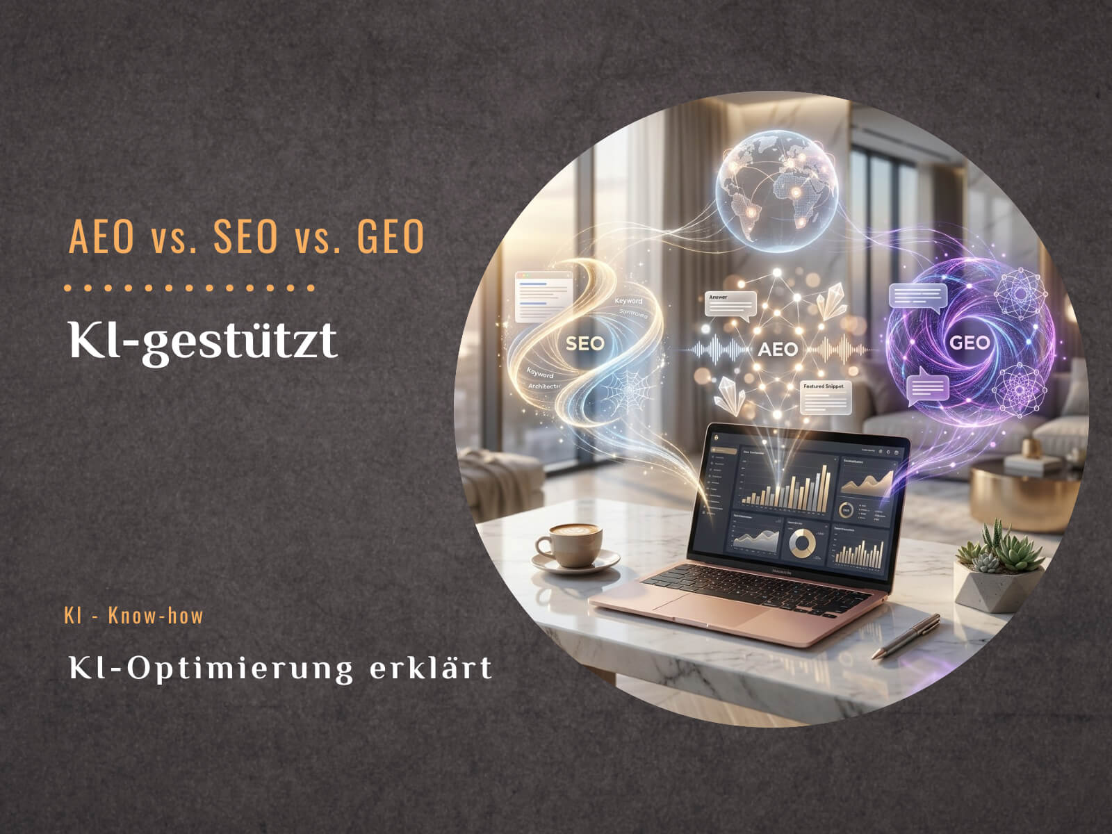 Vergleichsgrafik AEO SEO GEO - drei Säulen der digitalen Optimierung mit KI-Integration für Suchmaschinen und generative Engines