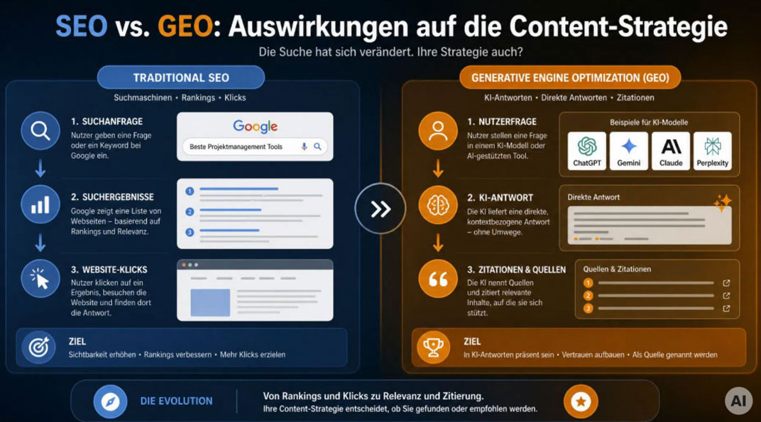 Vergleich von traditioneller SEO und Generative Engine Optimization (GEO) und deren Einfluss auf die Content-Strategie in der KI-Ära.